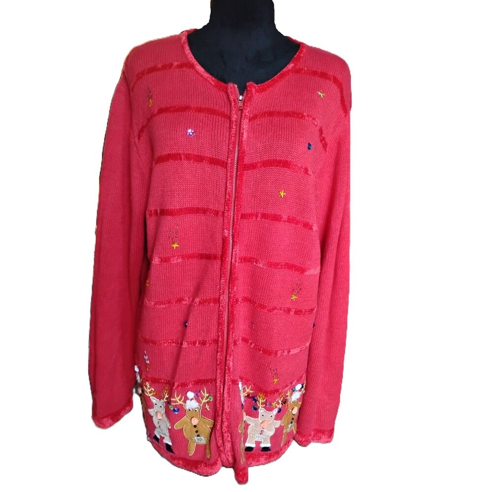 The Quacker Factory Women's L Full Zipper Christmas Cardigan, NWOT